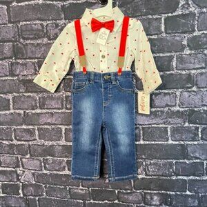 Cat & Jack 6-9 M Heart Suspender Jeans Shirt Bow 4Pc Valentine's Day Set Red